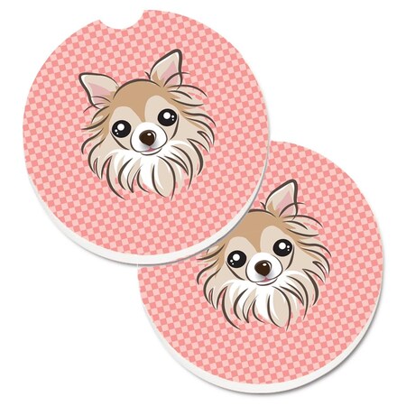 Carolines Treasures Checkerboard Pink Chihuahua Set of 2 Cup Holder Car Coaster BB1251CARC